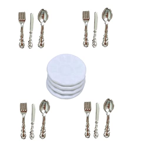 QmjdDymx Miniaturbesteck, Miniaturplatten Set Dollhouse Mini Porzellanplatte mit Slicer -Gabeln Löffel Puppenhauszubehör Silbergeschirr, Miniature Porzellanplatte von QmjdDymx