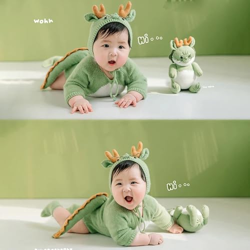 Qnokliey Neugeborenen-Fotografie-Kostüm, Grünes Dinosaurier-Baby-Outfit für Fotoshooting und Festtage, 0-1 Monate, Geschenkset mit Kleidung, Socken und Mütze, Fotografie-Requisiten für Kinder von Qnokliey