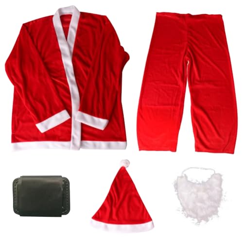 Qoier Weihnachts-Cosplay-Kostüm for Erwachsene/Kinder, rotes Weihnachtsmann-Mütze- und Jacken-Set, Neujahr, Weihnachtsmann-Bart und Gürtel-Set, Karnevals-Party-Anzug (Männer, 5 Stück) von Qoier