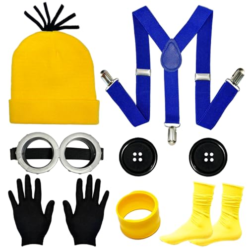 QooQoo Gelbes Kostüm für Erwachsene, gelbes Kostüm für Kinder, Halloween-Kostüm-Zubehör für Erwachsene, große Augen, Brille und gelbe Beanie, Cosplay-Party-Set für Herren und Damen QooQoo Gelbes Kostüm für Erwachsene, gelbes Kostüm für Kinder, Halloween-Kostüm-Zubehör für Erwachsene, große Augen, Brille und gelbe Beanie, Cosplay-Party-Set für Herren und Damen von QooQoo