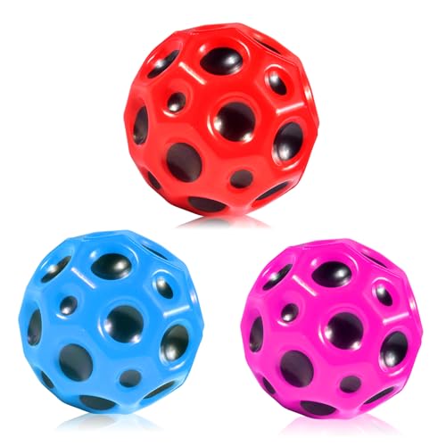 3X Astro Jump Ball, 7cm Moon Ball, Bounce Ball, Hohe Sprünge Gummiball Space Ball Moonball EIN Knallendes Geräusch, Bouncing Ball für Kinder, Hohe Bounce-Loch-Ball Mondball Lavaball (Red Pink Blue) von Qooloo