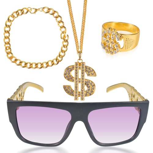 4 Stück Zuhälter Kostüm Set, goldene dollar kette, Gangster Ring, Goldkette Armband Schmuck 70er 80e 90er Jahre Rapper Zubehör für Männer, Frauen Fasching Karneval Party von Qooloo