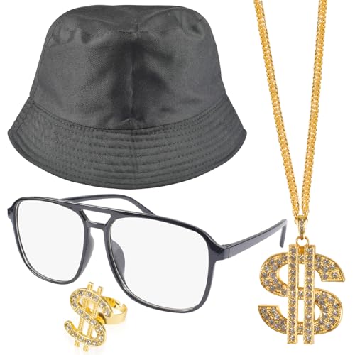 Hip Hop Kostüm Set, 80s 90s Hip Hop Rapper Accessories, Goldene Kette, Dollar Ring, Goldenes Armband, Dollar Kette, Zuhälter Kostüm Set für Männer, Frauen Fasching Karneval Party von Qooloo