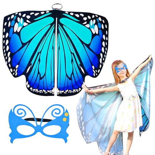 Qooloo Kinder Schmetterlingsflügel mit Maske, Schmetterling Umhang Kostüm Mädchen, Pixie Poncho Kostüm, für Cosplay Karneval Fasching Party Gastgeschenke (136 * 108cm) von Qooloo