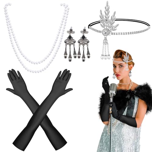 Qooloo 5 Stück Gatsby Accessoires Damen, 20er Jahre Accessoires Kostüm Damen, Lange Handschuhe, Kopfschmuck, Künstliche Perlenkette und Ohrringe, Party Zubehör für Fraue von Qooloo