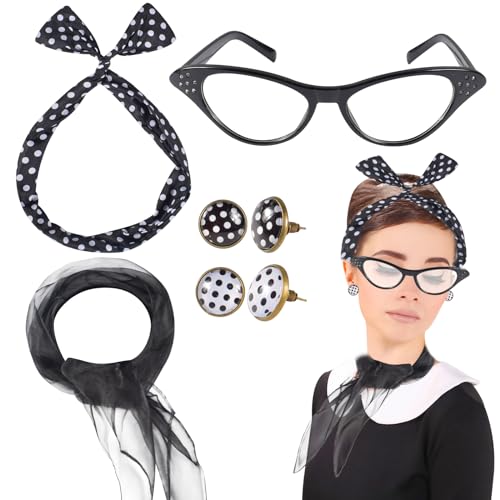 Qooloo 9 Stück Accessoires 50er, Rockabilly Kleider Damen,Karneval Kostüm Damen,Inklusive Polka Dots Bandana Haarband Ohrringe Halskette Handschuhe Katzenaugen Brille, Schwarz von Qooloo