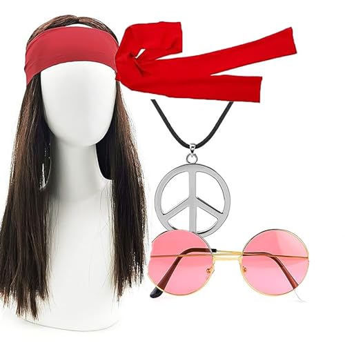 Qooloo Hippie Kostüm 4-teiliges Set,Karneval Kostüm Damen,Perücke + Sonnenbrille + Peace Halskette Anhänger + Stirnband,Herren Damen für Fasching Karneval Party von Qooloo