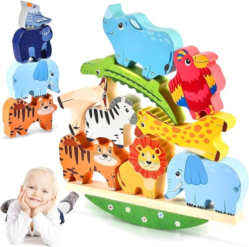 Qooloo Montessori Holzspielzeug ab 2 3 4 5 Jahren,Stapelspiel Holzspielzeug Tiere zum Stapeln, Holz Motorikspielzeug,Balancespiel Feinmotorik Lernspielzeug Taufe Geschenke für Baby Kinder von Qooloo