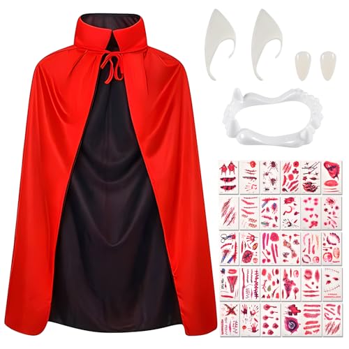 Qooloo Schwarz rot Vampir Kostüm Umhang, Halloween Vampir Kinder Set 120cm, mit Scar Tattoo Patch, falsche Zähne, Elfen Ohren, für Halloween Kostüm Cosplay Bühne Magie Show Qooloo Schwarz rot Vampir Kostüm Umhang, Halloween Vampir Kinder Set 120cm, mit Scar Tattoo Patch, falsche Zähne, Elfen Ohren, für Halloween Kostüm Cosplay Bühne Magie Show von Qooloo