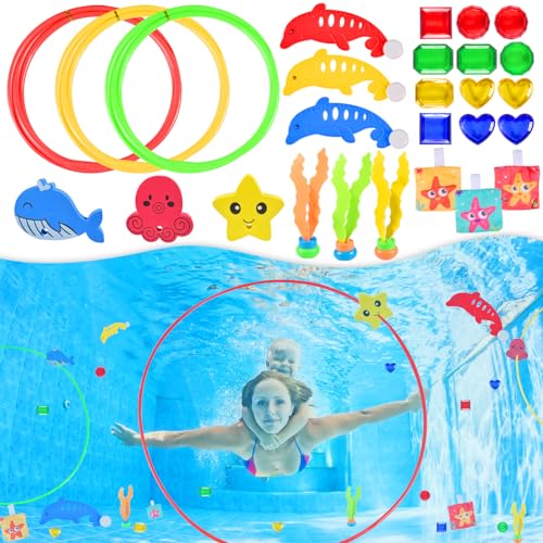 Qooloo Tauchspielzeug, 27-teiliges Set mit Tauchringen, Poolspiele für Kinder, Unterwasserspielzeug, Sommer, Schwimmspielzeug für Pool mit Tauchringen, Delfin, Algen etc von Qooloo
