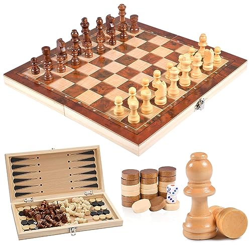 Schachspiel aus Holz, 3 In 1 Schach, Dame, Backgammon, Schachbrett Klappbar, Schachbrett Holz Hochwertig Abschließbarer Koffer, Chess Set für Kinder Erwachsene Party Reisen, 29 x 29 cm von Qooloo