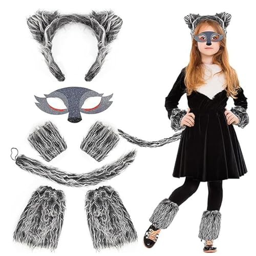Wolf Kostüm Set Kinder, Wolf Tierkostüm Mädchen, Wolf Ohren und Schwanz Set, Wolf Kostüm Kinder mit Wolf Maske Werwolf Haarreifen Schwanz mit Pfoten Tierkostüm für Karneval Fancy Party Cosplay Kostüm Wolf Kostüm Set Kinder, Wolf Tierkostüm Mädchen, Wolf Ohren und Schwanz Set, Wolf Kostüm Kinder mit Wolf Maske Werwolf Haarreifen Schwanz mit Pfoten Tierkostüm für Karneval Fancy Party Cosplay Kostüm von Qooloo