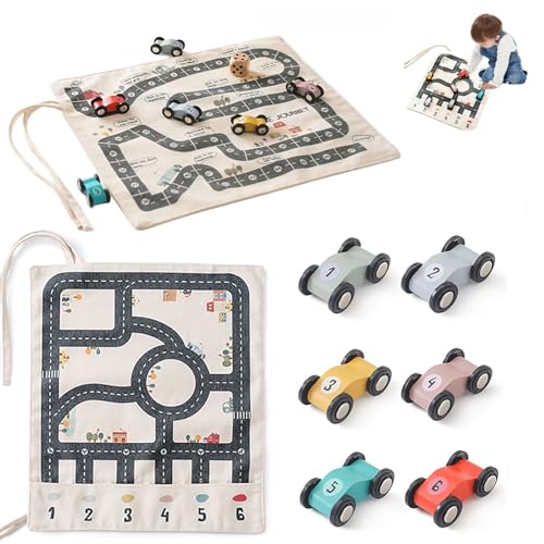 Qosigote Canvas Car Toy Set, Dual Side Canvas Road Map Game with 6 Wooden Cars, Traffic Playset Canvas Slot Car Race Track Sets, Foldable Canvas Sheets Track Game Mat (1PC) von Qosigote