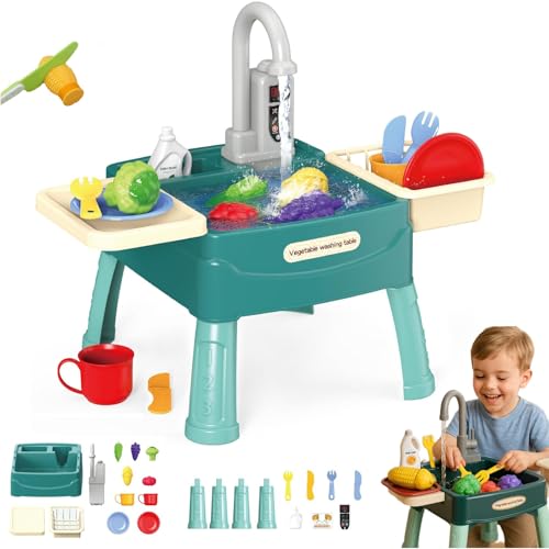 Qosigote Wasserwunder - Spielküche Mit Magischem Wasserhahn, Küchenspüle Spielzeug Set Mit Wasserkreislauf, Vielseitiges Spielzeug, Fördert Die Kreativität Für Kinder Ab 3 Jahre (Pfauengrün) von Qosigote