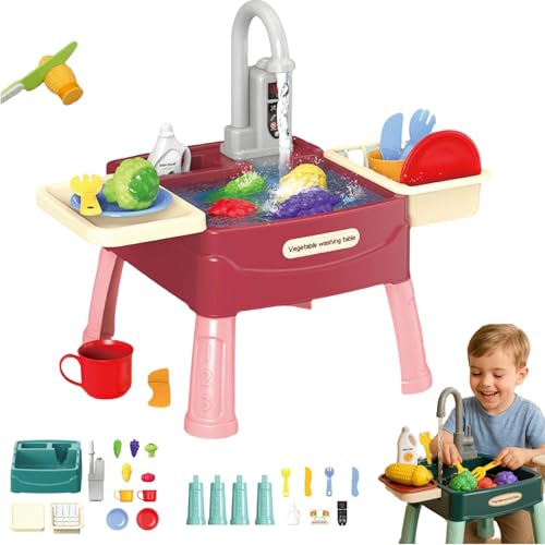Qosigote Wasserwunder - Spielküche Mit Magischem Wasserhahn, Küchenspüle Spielzeug Set Mit Wasserkreislauf, Vielseitiges Spielzeug, Fördert Die Kreativität Für Kinder Ab 3 Jahre (Weinrot) von Qosigote