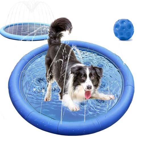 Puppery Sprinkler Wasserspielmatte für Hunde, 80-200cm Pet Paddling Pool Kleinkinder und Kinder, Hunde Pool Wassermatte für Sommer Sprinklerauflage Spielzeug (A-100 cm) von Qosneoun
