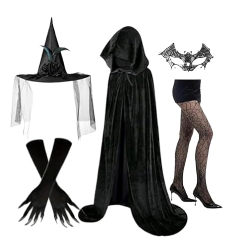 Qoukonao Hexenkostüm Damen - Hexen Cosplay Set,Umhang Hut Handschuhe Spitzenmaske Socken für Gothic Hochzeitsfest Qoukonao Hexenkostüm Damen - Hexen Cosplay Set,Umhang Hut Handschuhe Spitzenmaske Socken für Gothic Hochzeitsfest von Qoukonao
