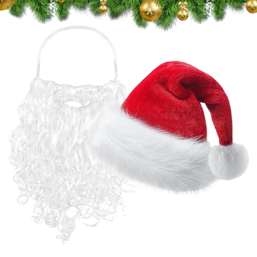 Qoukonao Weihnachtsmütze und Bart,Weihnachtsmannbart und Mütze, Weihnachtsdekorationen Weihnachtsmann Bart Mütze, Anzieh-Requisiten, Weihnachtsmütze, Weihnachtsmann, gefälschter für Cosplay von Qoukonao
