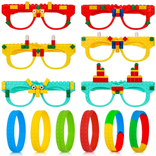 Qpout 12pcs Building Block Glasses und Bausteine Armband Set DIY Bausteine Gläser und Silikon Armband Kreative Bausteine Spiel Kindergeburtstag Party Karneval Angebot von Qpout