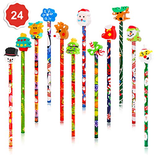 Qpout 2 Dozen (24) Weihnachten Bleistifte Mit Radiergummi Set,Härtegrad Hb Bleistifte Stifte,Weihnachtsdekoration Gefälligkeiten,Kinderparty Schule Belohnungen Mitgebsel Geschenke von Qpout