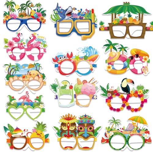 Qpout 26pcs Luau Party Dekorationen Brille, lustige hawaiianische Papierbrille tropische Kostüm Requisiten Brillenrahmen für Sommer Strand Hawaii Urlaub Party thematische Gefälligkeiten von Qpout