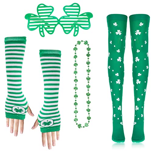 Qpout 4 Stück St.Patrick's Day Accessoires,Irische St. Patrick's Day Socken,Brillenrahmen,Grüner Lucky Shamrock Ärmel, St.Patrick's Day Party Paraden Cosplay Kostüm St Patricks Day Outfits von Qpout