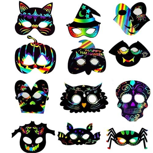 Qpout Halloween Regenbogen Kratzmasken für Kinder - 24 Stück Kratzbilder, Rubbelkarten, Scratch Art Masken - Halloween-Partyspiele von Qpout