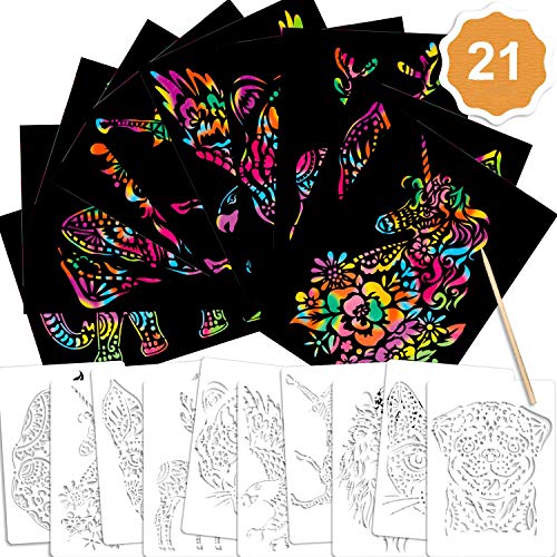 Qpout 21Stk. Kratzbilder Set für Kinder, 10 Kratzpapier 10 Tiere Zeichenschablonen 1Holzstift für Jungen Mädchen DIY Handwerk Malerei Projekt Geschenk Erwachsene Malen Zubehör Mitgebsel Qpout 21Stk. Kratzbilder Set für Kinder, 10 Kratzpapier 10 Tiere Zeichenschablonen 1Holzstift für Jungen Mädchen DIY Handwerk Malerei Projekt Geschenk Erwachsene Malen Zubehör Mitgebsel von Qpout