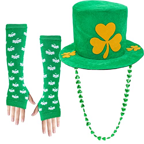 Qpout St. Patrick's Day Accessoires, irischer Koboldhut zum St. Patrick's Day, Grüne Kleeblatt Ärmel, Kleeblatt-Halskette, St. Patrick's Day Partyzubehör von Qpout