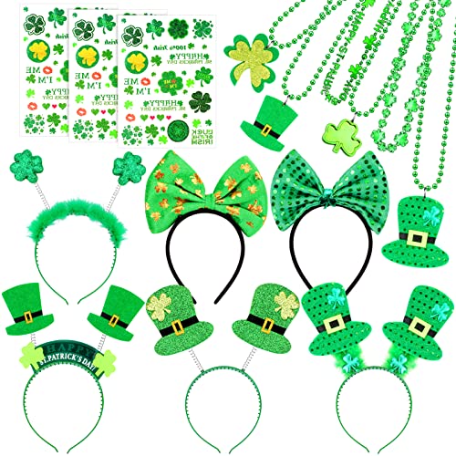 Qpout St. Patrick's Day Party Favor Set mit Halsketten, Stirnbändern temporäre Tattoos grüne Kleeblatt-Halskette Haarband Verkleidung für Erwachsene und Kinder,Party-Zubehör für irische Party Deko von Qpout