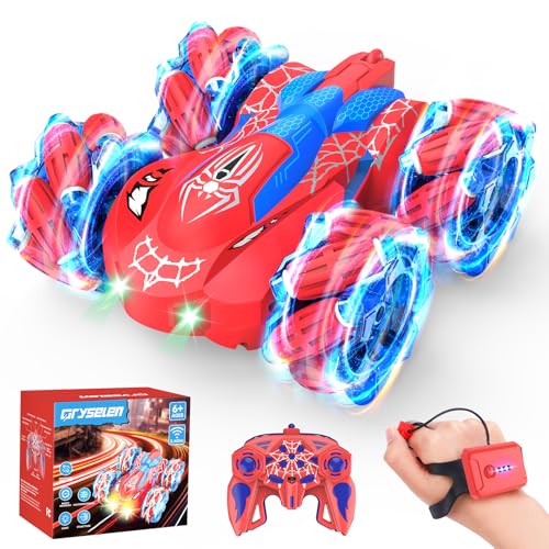 Qryselen Ferngesteuertes Auto, 2,4 GHz, RC-Autos mit LED-Leuchten, doppelseitiges Offroad-360°-Rollen, wiederaufladbares 4WD-RC-Stunt-Auto, Indoor-Outdoor-Spielzeug für Kinder von 6–13 Jahren (Rot) von Qryselen
