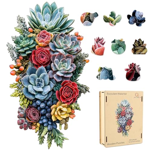 Sukkulenten-Wasserfall-Puzzle, 500 Teile, Holzpuzzles für Erwachsene, einzigartige unregelmäßige Form, lustige, herausfordernde Holzpuzzles für Erwachsene und Kinder, Familienspiel-Geschenke von Qslignumcarva