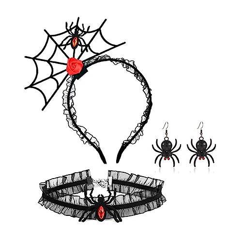 Qsvbeeqj 1 Set Halloween Cosplay Spinnennetz Kopfband und Choker hängend Ohrring Cosplay Schöne Accessoires für Erwachsene Halloween Haarreifen von Qsvbeeqj
