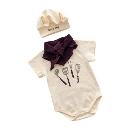 Qsvbeeqj 3pcs Baby Chefs Fotografie Outfit Set Hutschal Und Body Baumwoll Neugeborenen Foto Requisiten Kostüm Für Einfache Windelwechslung Neugeborene Fotografie Köche Und BodySuit von Qsvbeeqj
