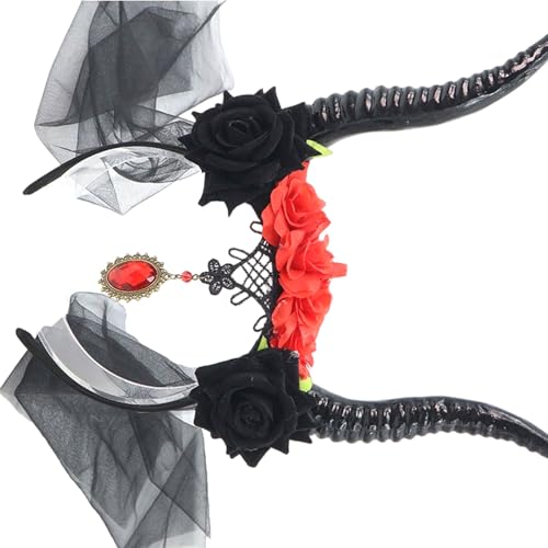 Qsvbeeqj Einstellbare Teufelhorn Kopfband mit Blumendekor geeignet für Rollenspielkostüme und Nachtparty Gothic Haar-Accessoires von Qsvbeeqj