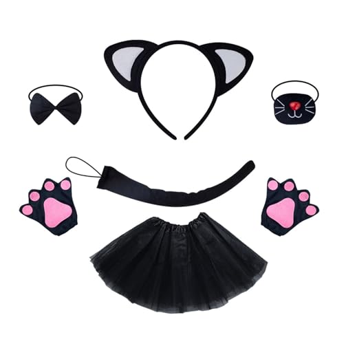 Qsvbeeqj Halloween Tiere Kostüm Set Katzen Haare Hoop Set Schöne Katzen Ohren Stirnband Plüsch Schwanz Fliege Mesh Rock Handschuhe für Party Ohr Haar Kreis Mesh Rock Schöne Cosplay Tiere von Qsvbeeqj