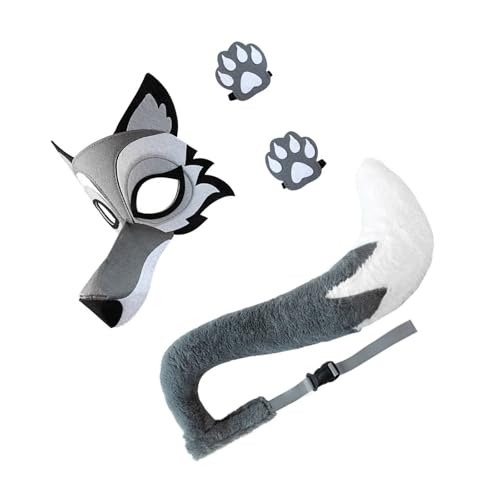 Qsvbeeqj Kid Adult Wolf Kostüm Set Gehören Wolf Gesichtsmaske Wolf Schwanz Und Handschuhe Halloween Tierkostüm Wolf Cosplay Accessoires Wolf Maske Kinder von Qsvbeeqj