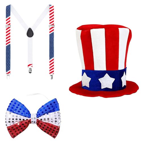 Qsvbeeqj Patriotisches Onkel-Kostüm für Herren, Onkel, patriotisches Outfit, patriotisches Zubehör, inklusive Hut, Fliege, Herren-Hosenträger Qsvbeeqj Patriotisches Onkel-Kostüm für Herren, Onkel, patriotisches Outfit, patriotisches Zubehör, inklusive Hut, Fliege, Herren-Hosenträger von Qsvbeeqj