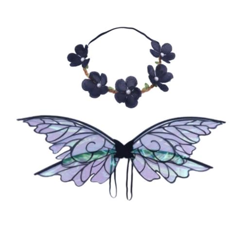 Qsvbeeqj Skurriles Elfenverkleidungsset mit Schmetterlingsflügel und Blume, Kopfbedeckung für Halloween, Cosplay, Kostüm und Geburtstagsfeiern von Qsvbeeqj