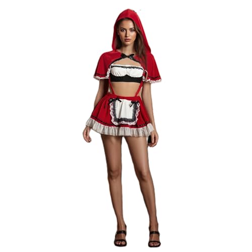 Damen Flirty Rotkäppchen Kostüm 3-teiliges Set mit Spitzenbesatz Crop Top Strapsrock Kapuzenumhang Halloween Cosplay Outfit (Rot, M) von Qtinghua