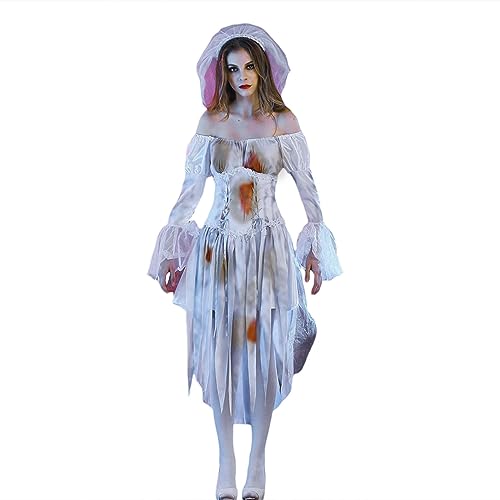 Qtinghua Damen Geisterbraut Halloween Kostüm Gruseliges Hochzeitskleid Outfit mit Schleier für Halloween Party und Cosplay (Weiß, L) von Qtinghua