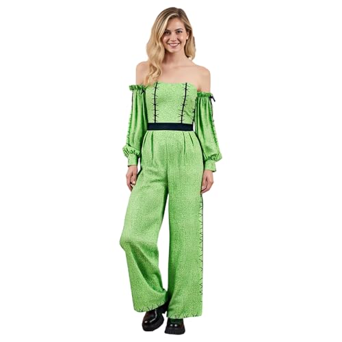 Qtinghua Damen Halloween Frankenstein Jumpsuit Schulterfrei Grün Monster Kostüm mit Puffärmeln Stichdetails (Grün, S) von Qtinghua
