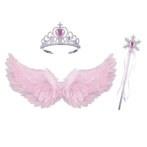Qtinghua Feenflügel für Kinder, Engelskostüm mit Heiligenschein, Zauberstab, Feen-Requisiten, Cosplay, für Geburtstag, Karneval, Weihnachten, Motto-Party, Halloween (Rosa A, 3 Stück) von Qtinghua