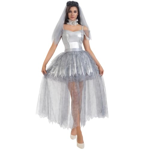 Qtinghua Geisterbraut Halloween-Kostüm für Damen, gruseliges Hochzeitskleid, Outfit mit Schleier für Halloween-Partys und Cosplay (Grau, XL) von Qtinghua