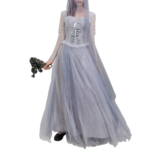 Qtinghua Halloween-Kostüm für Damen, Geisterbraut-Kostüm, Vampir, Zombie-Stirnband mit Schleier, Outfit, Herzausschnitt, Netzkorsett, Cosplay-Kleid (Grau, M) von Qtinghua