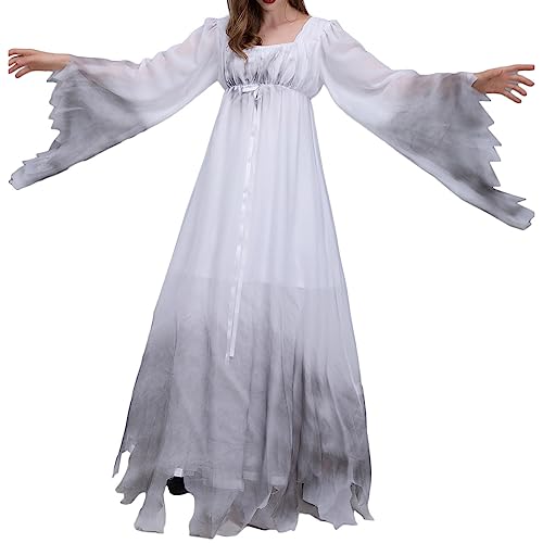 Qtinghua Halloween-Kostüm für Damen, Geisterbraut-Kostüm, Vampir, Zombie-Stirnband mit Schleier, Outfit, Herzausschnitt, Netzkorsett, Cosplay-Kleid (Weiß, M) von Qtinghua