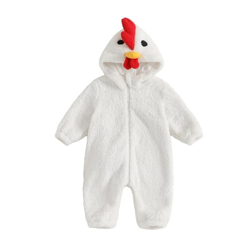 Qtinghua Kleinkind-Baby-Küken-Kostüm für Jungen und Mädchen, langärmelig, Plüsch-Kapuzenanzug, niedliches Huhn, Tier-Verkleidung, Cosplay, Neugeborenen-Strampler (Weiß, 6-12 Monate) von Qtinghua