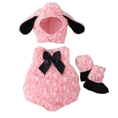 Qtinghua Kostüm für Neugeborene, Baby, Kinder, Lamm, flauschiges Tier-Outfit mit Kapuze, ärmelloser Strampler und passendes Zubehör für Halloween-Fotoshootings, verkleiden sich (Rosa, XL) von Qtinghua