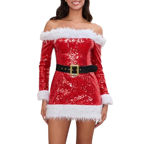 Qtinghua Weihnachtskostüm für Damen, Weihnachtsmann, Weihnachtsmann, verkleidet sich mit Pelzbesatz, Minikleid-Set, Weihnachten, Urlaub, Elfe, Cosplay, Party, Kostüme (B Rot, S) von Qtinghua