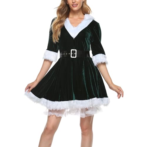 Qtinghua Weihnachtskostüm für Damen, Weihnachtsmann, mit Fellbesatz, Minikleid-Set, Weihnachten, Urlaub, Elfe, Cosplay, Party, Kostüme, Größe M, Grün, XL von Qtinghua